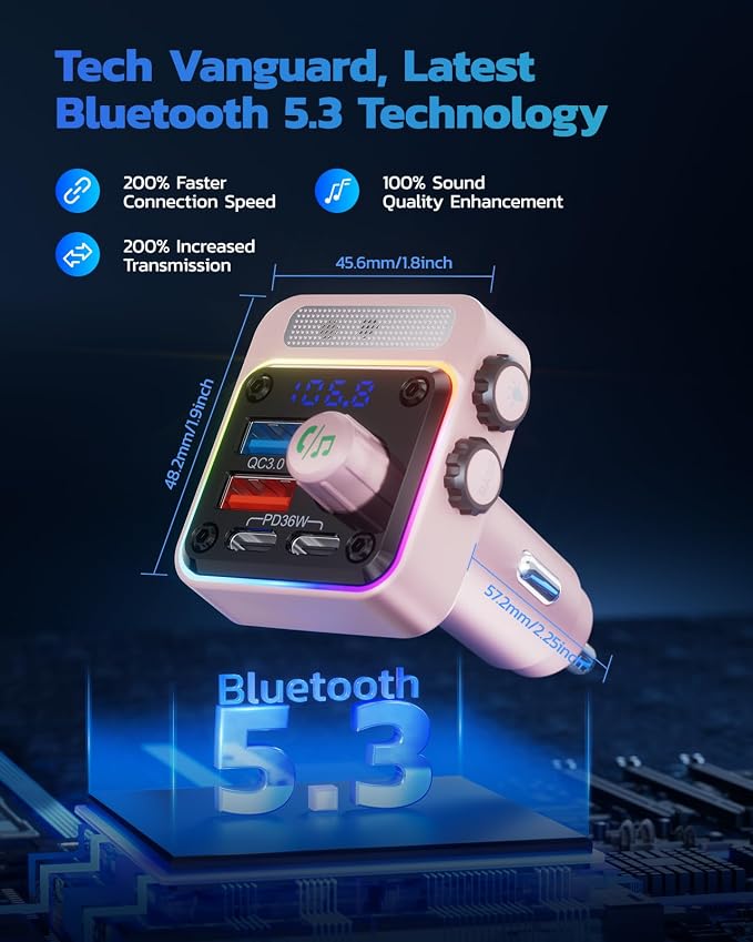Nulaxy 54W Bluetooth 5.3 Car Adapter with 4 Charging Ports [PD 36W & QC3.0 18W], Wireless Radio FM Transmitter with Deep Bass Player & 5 Colors LED Backlit, Hands-Free Calling - Pink