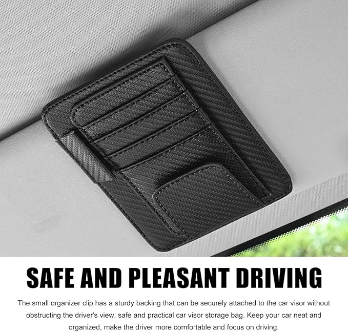 povtii Car Sun Visor Organizer, Waterproof Leather Car Sun Visor Storage Clip, Multifunctional Vehicle Sun Visor Folder with Sunglasses Clip, Universal Interior Car Accessories (Black Carbon Fiber)
