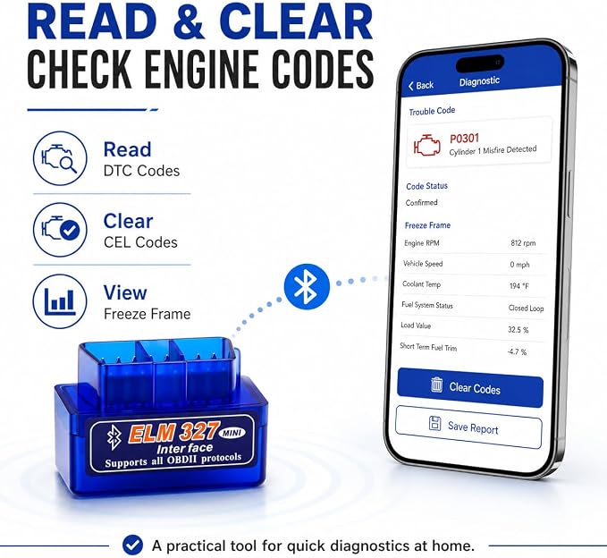 OBD2 Scanner Bluetooth 5.1 Adapter for iPhone & Android, OBDII Car Diagnostic Code Reader for 12V Gas Cars, Check Engine Light Reader with Live Data, VIN, RPM, Coolant Temp, YMOBD App