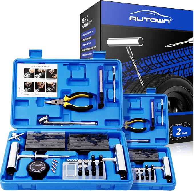 AUTOWN Flat Tire Repair Kit with Plug 68 Pcs for Car, Motorcycle, ATV, Jeep, Truck, Tractor Flat Tire Repair (2-Pack) (Set of 2-68pcs)