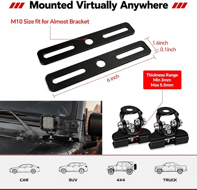 Ditch Light Bracket Extension Dual LED Pod Mount 304 SS Hood Clamp 2PCS | Double Your Lights on One Bracket - 180°/60° Adjustable No-Drill Stainless Steel Hood Mount for Truck SUV ATV UTV - 8mm Max
