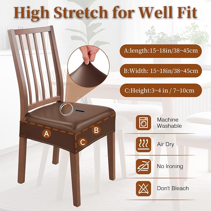Waterproof Dining Chair Seat Covers Leather Kitchen Seat Covers, Stain Resistant Stretch Chair Seat Covers for Dining Room Chairs Set of 8, Rear Covered Washable Dining Chair Covers Coffee