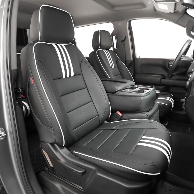 EKR Silverado Seat Covers Custom Fit for (DoubleCab) 2014-2018 Chevrolet Silverado 1500 WT/LS & 2015-2019 HD WT,2DR,Rear Bench Seat No Armrest,Faux Leather (Black with White Trim)