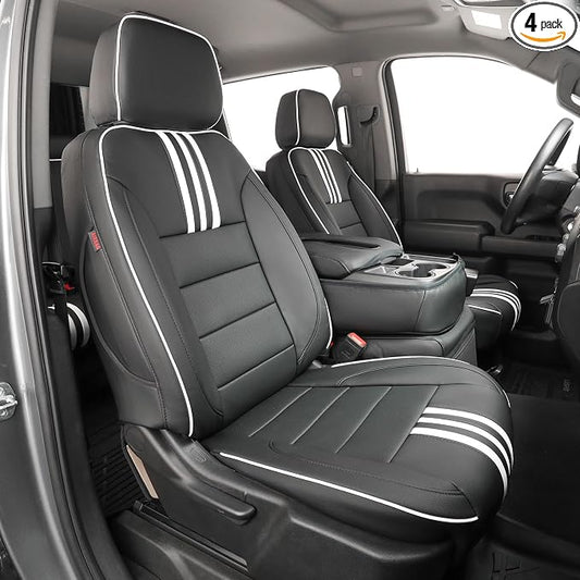 EKR Silverado Seat Covers Custom Fit for (Crew Cab) 2014 2015 2016 2017 2018 Chevrolet Silverado 1500 & HD 2500/3500 WT/LS/LT/LT/High Country/Custom,Faux Leather (Black with White Trim)