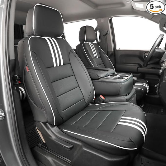 EKR Silverado Seat Covers Custom Fit for (Double Cab) 2014-2018 Chevrolet Silverado 1500 & HD 2500/3500 LT/LTZ/Custom,Leather Car Seat Cover Full Set,Faux Leather (Black with White Trim)