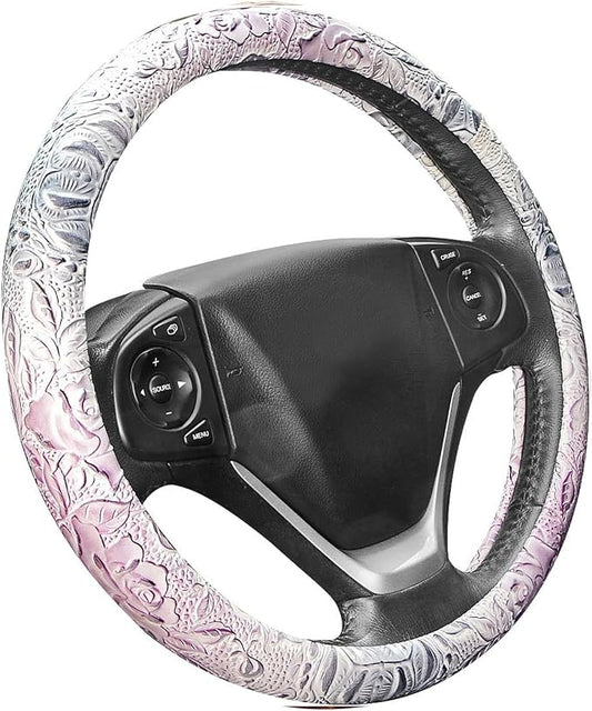 Car Steering Wheel Cover Universal 15 Inch Middle Size Auto Anti-Slip Leather Wheel Protector with Flower Grain Design White Style