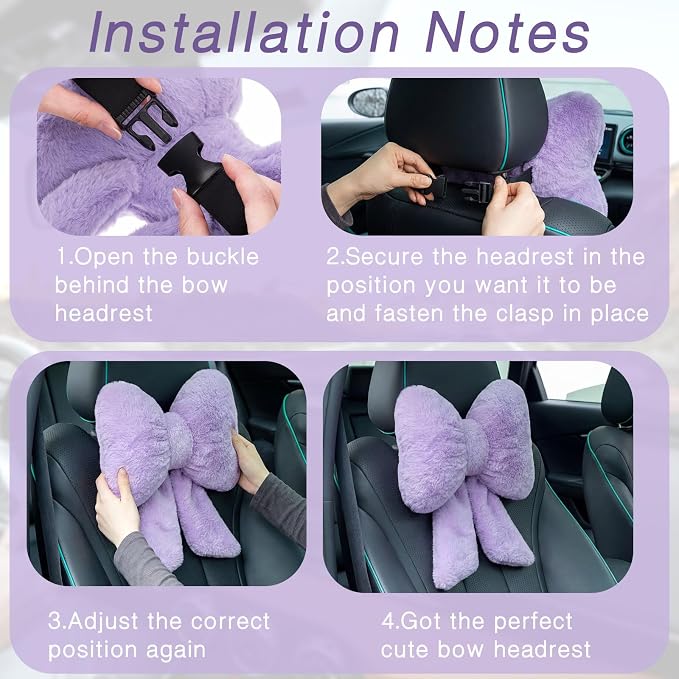Macarrie 2 Pcs Purple Car Neck Pillow Plush Butterfly Bow Car Headrest Comfortable Pillow Seat Neck Support Cute Head Rest Accessories for Driving Travel Driver Chair Girl Interior Decor(Solid)