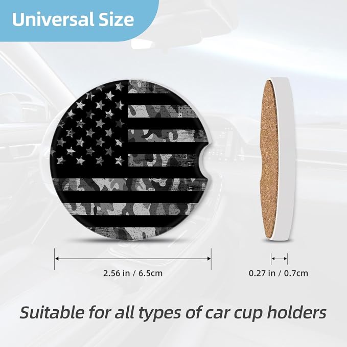 2 Pack Car Coasters for Cup Holders, 2.56" Universal Absorbent Ceramic Stone Car Cup Holder Coasters with Non-Slip Cork Base, Car Accessories for Women Men(Black Camouflage American Flag)