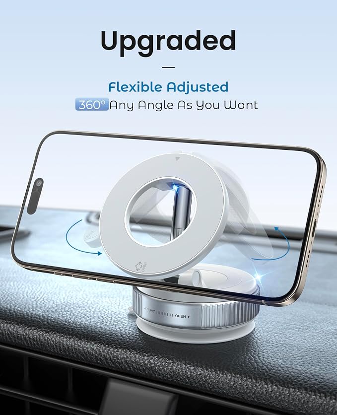 Jononser Magnetic Car Phone Holder for MagSafe, Nano-Gel Suction Cup Phone Mount for Dashboard & Windshield, Pocket-Size Foldable 360° Adjustable Car Mount for iPhone 17 16 15 14 13 12 Series, White
