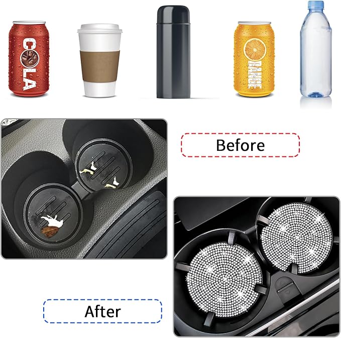 COCASES 4 Pack Bling Car Coasters, Car Cup Holder Coaster, Rhinestone Coaster for Cup Holders, Silicone Car Coasters for Women Car Interior Accessories (2.75'' White Crystal Circle)