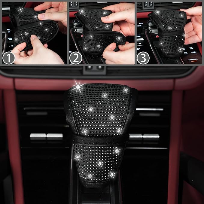 NBTEPEM 8 pcs Bling Car Accessories Set for Women, Steering Wheel Cover, Sparkly Seat Belt Covers, Bling Gear Shift Cover, Universal Fit Most Cars (Black Diamond)