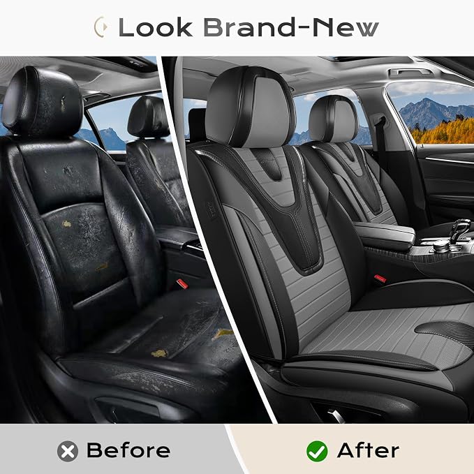 Coverado Car Seat Covers Full Set, 5 Pieces Waterproof Leather Seat Covers, Universal Fit for Cars SUVs Sedans,Black Gray