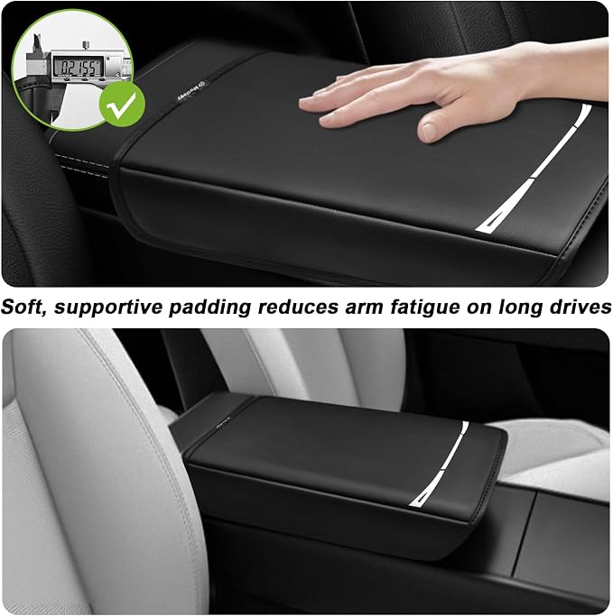 Muslogy Center Console Armrest Cover Fit for Tesla Model Y Refresh 2026 Accessories, Comfort Armrest Pad Console Lid Cushion Vegan Leather Regular Thick (Black)