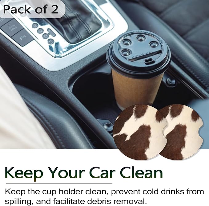 Car Coasters for Cup Holders - Animal Brown Cowhide Skin Print Cow | 2 Pack Anti Slip Universal Rubber Car Cup Coaster for Women Men, Car Interior Accessories