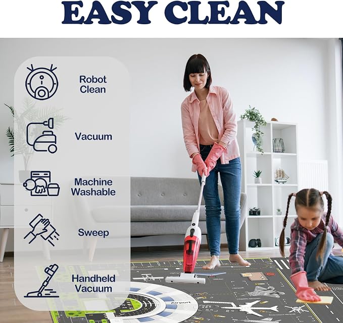 Kids Airport Runway Rug, Faux Wool Airplane Map, Non-Slip, 5 x 7 ft | Runway and airplane design; Aviation-themed play; Soft faux wool surface; Non-slip backing; Easy-care finish