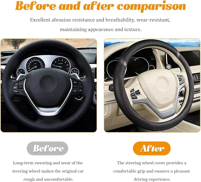 Car Steering Wheel Cover, Leather Anti-Slip Stretch Breathable Vehicle Steering Wheel Protector, Automotive Interior Protection Accessories for Men Women, Universal Fit (Black)