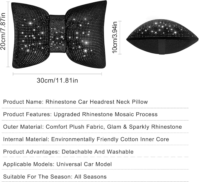 surpassme 2PCS Rhinestone Car Headrest Neck Pillow for Driving with Bling Bling Crystal Bow Pillow Car Accessories for Women (Black)