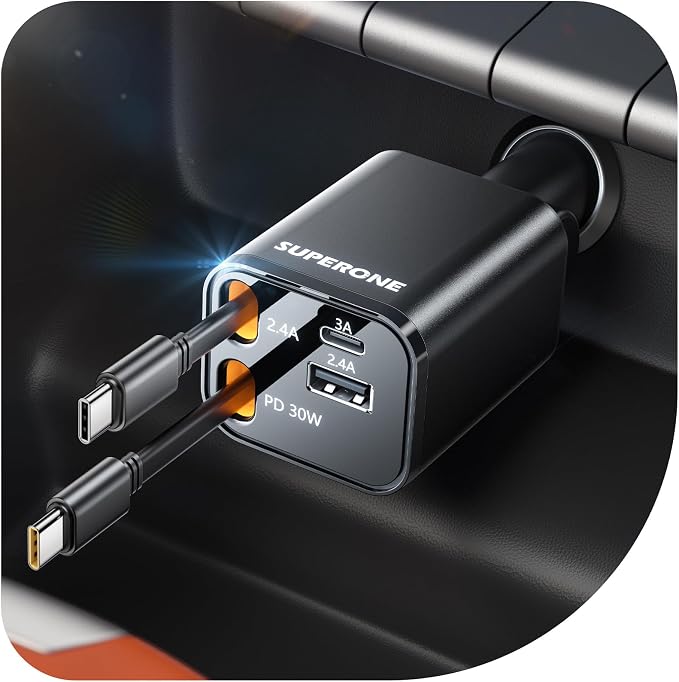 SUPERONE Retractable USB C Car Charger, Phone Car Charger Fast Charging with Dual Type C Cable, Car Accessories Small USBC Car Adapter | Phone Car Charger Fast Charging, Car Accessories Small USBC Car Adapter, for iPhone 17/16/15/14/13/12