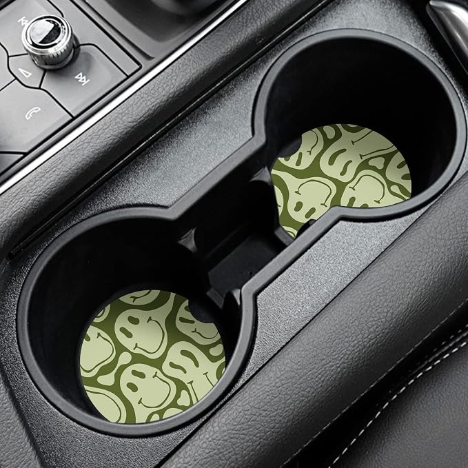 Car Coasters,Purple Smily Absorbent 2 Pack for Cup Holders with Finger Notch,2.56 inches Ceramics Heat Resistant Anti Slip Cork Base Car Drinks Coasters Auto Cup Holder(Green Smily)