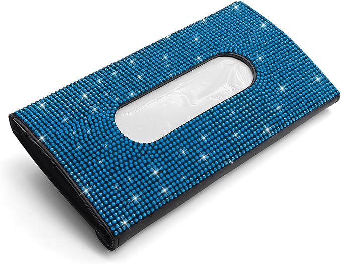 Bling Car Sun Visor Tissue Box Holder, Visor Accessories, Rhinestone PU Leather Crystal Sparkling Napkin Holder, Auto Sun Visor Paper Towel Cover Case Accessories for Most Cars (Blue)