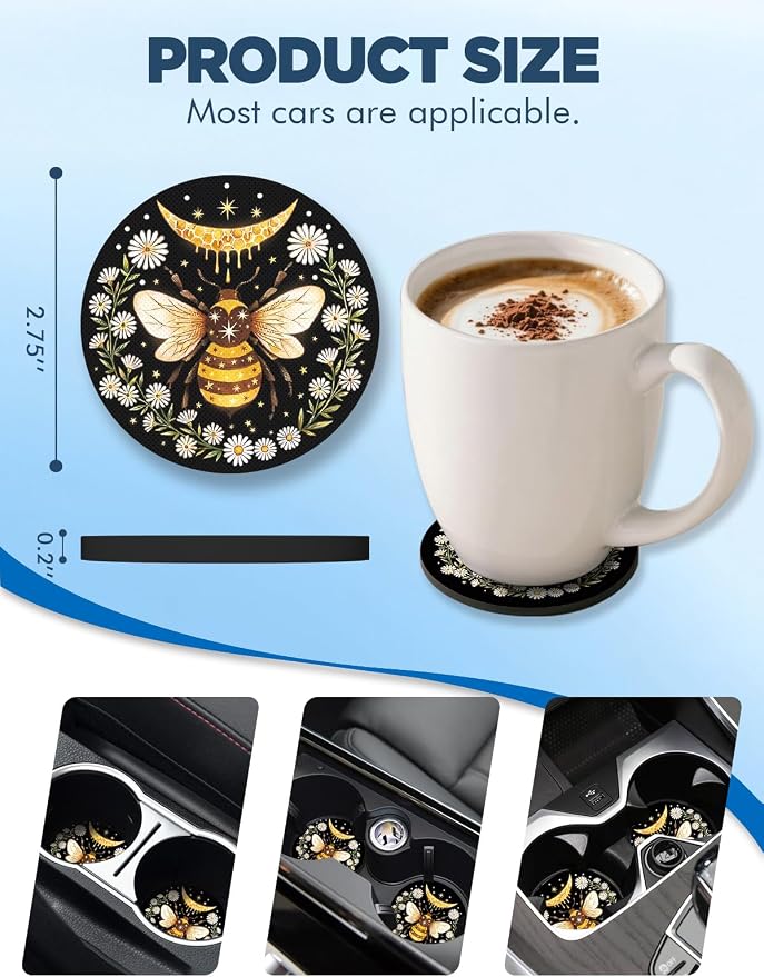 WOCOCN Car Coasters for Cup Holders - 2 Pack 2.75" Universal Rubber Car Cup Coaster, Non-Slip Waterproof Car Interior Accessories, Cute Car Decor Gifts for Women and Men (Bee)