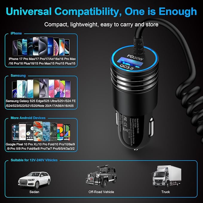 for iPhone 17e/17/16/15 Car Charger,48W PD+QC USB C Fast Car Charger Cigarette Lighter Adapter with 30W Built-in Coiled Type C Fast Charging Cable for iPhone 17e 17 Pro Max Air 16e 16 Pro Max 16 Plus