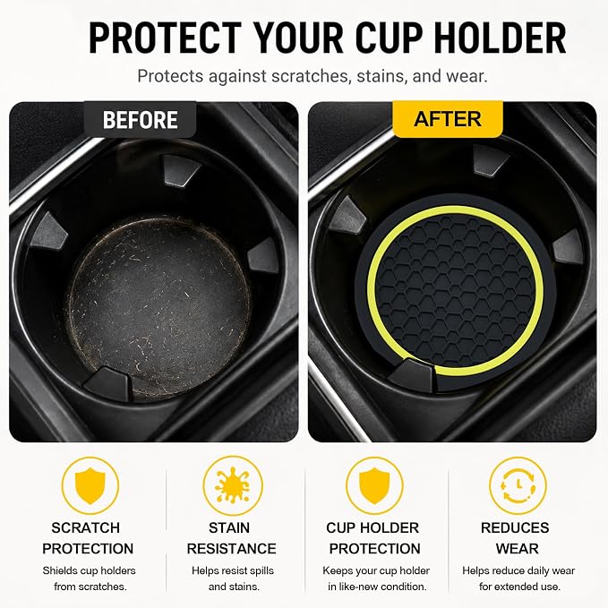 4PCS Car Cup Holder Coasters - 2.75 Inch Non-Slip Insert Water Bottle Holder Pads, Dustproof Automotive Interior Accessories Mat, Universal for Vehicles, Trucks, RVs (Yellow)