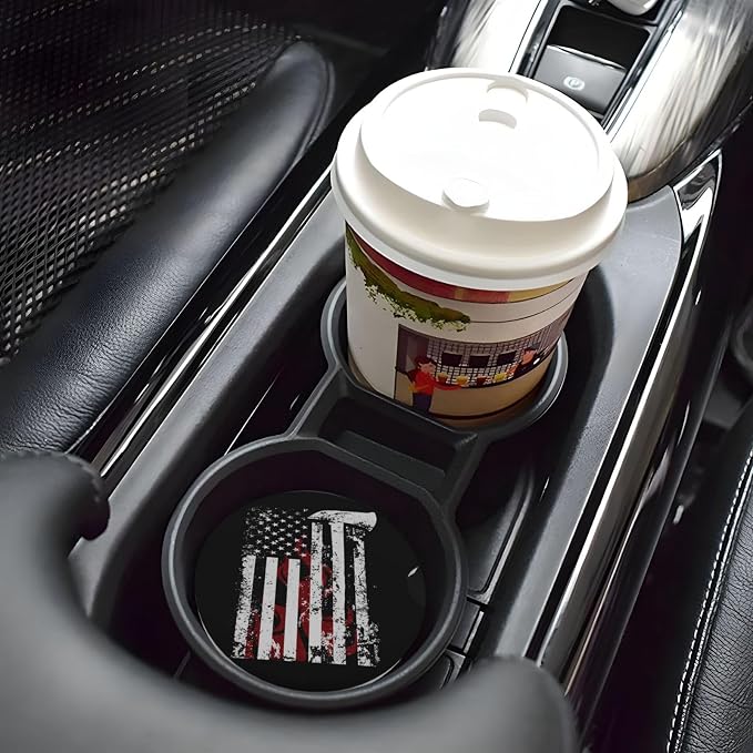 American Flame Axe Firefighter Flag Absorbent Ceramic Car Coasters 2 Pack Round Insert Cupholder Coaster Car Cup Holder Mat With Finger Notch Anti-Slip Cork Base Reusable Drink Coasters 2.56 in