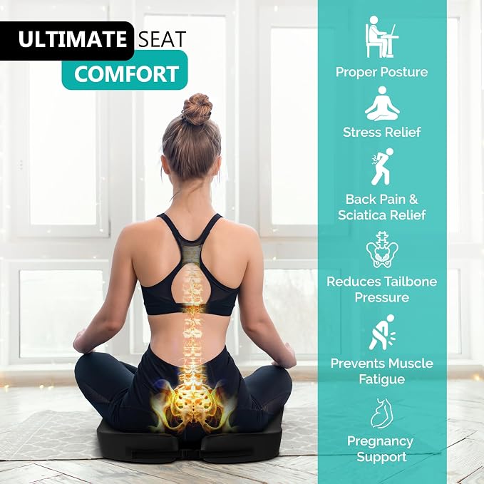 Seat Cushion - High-Density Charcoal Memory Foam Office Chair Cushion with Adjustable Strap & Washable Non-Slip Cover | Supports Sitting Posture for Office, Car & Home
