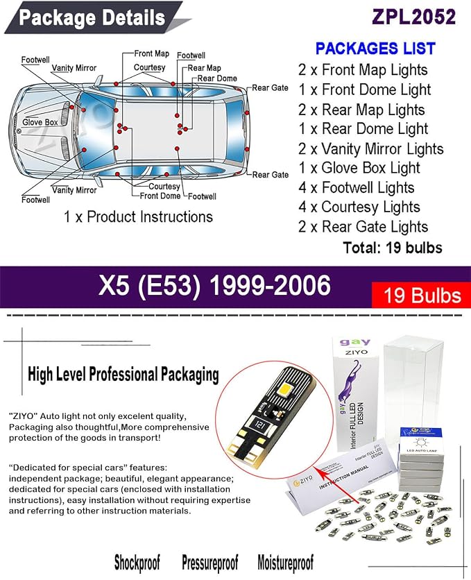 ZIYO LED Interior Light Kit Replacement for BMW X5 1999-2013, 6000K Xenon White Dome Light Bulbs Upgrade Error Free (BMW E53 1999-2006 (19 Bulbs))