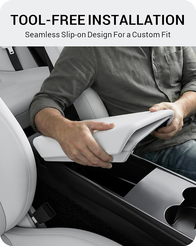 BASENOR Armrest Cover for 2017-2024 Tesla Model Y Model 3 Center Console Cover Non-Slip TPU [No Logo] Protector Armrest Tesla Accessories White (Not Compatible with 2025 2026 Model Y/3)