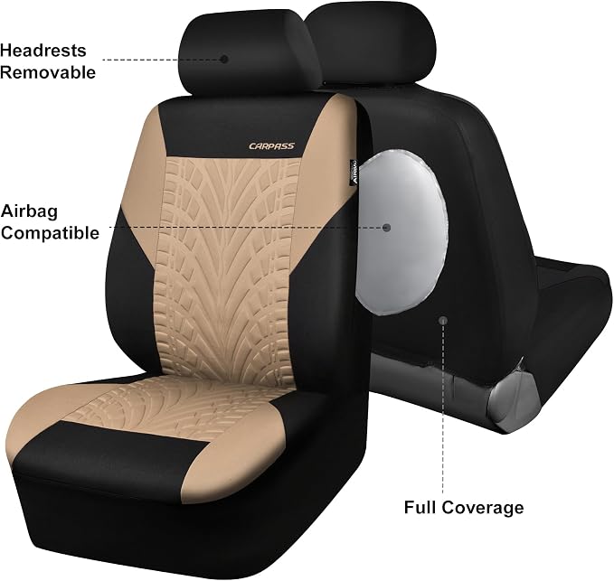 CAR PASS Car Seat Covers Two Front Only for Car, 3D Tyre Print Automotive Interior Covers, Airbag Compatible, Quick Setup Universal Fit Seat Covers for Car, Truck, SUV(Black and Beige)