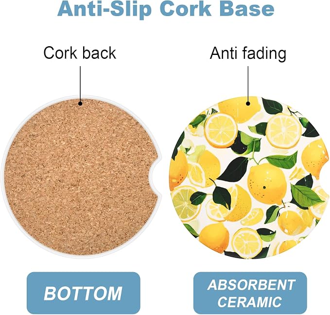2 Pack Car Cup Holder Coaster, 2.63 inch Anti Slip Insert Absorbent Ceramic Car Coaster with Cork Base and Finger Notch, Cute Car Accessories Interior for Women, Cute Car Coasters.