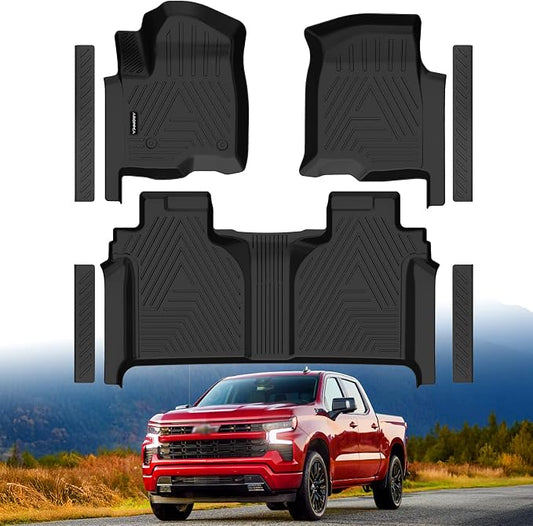 Floor Mats Full Sets for 2019-2025 Chevy Silverado/GMC Sierra 1500 Crew Cab | All Weather Car Mats for 2020-2025 Chevrolet Silverado/GMC Sierra 2500HD/3500HD Crew Cab with Rear Under-Seat Storage
