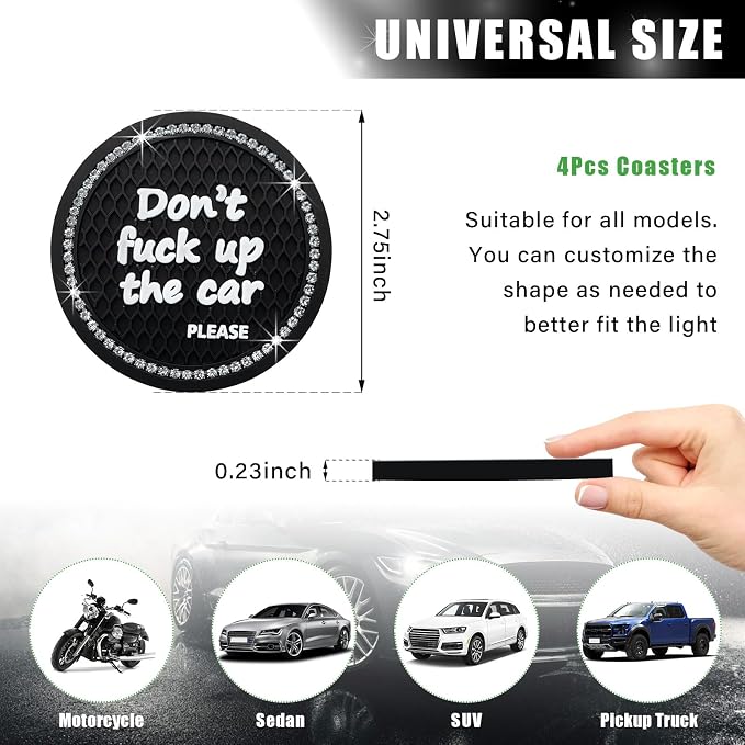 Ziciner 4 Pack Bling Car Cup Holder Coaster, 2.75 Inch Anti-Slip Auto Insert Cup Coaster, Crystal Car Drink Cup Mat Perfect for Women Girls, Universal Interior Decor Accessories (Black)