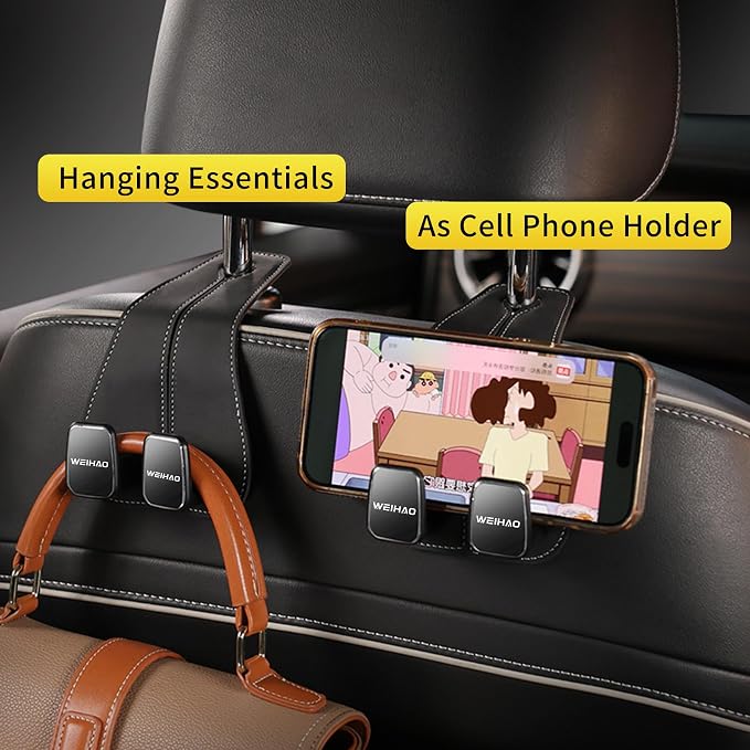 WEIHAO Wide Purse Hook for Car, Twin Hook Leather Car Headrest Hangers, Car Seat Back Storage Hook, Headrest Hooks Purse Bag Holder for Car Universal Fit Sedan Trucks SUVs Most Vehicles (Black-4PCS)