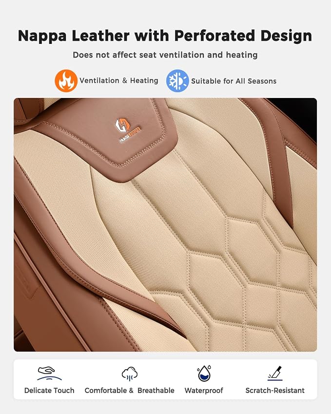 Huidasource Car Seat Covers, Universal Fit for Cars SUV Truck, Brown&Beige | Full Coverage Leather Seat Cover, Airbag, Cupholder Compatible, Seat Function Retain, Easy Install with Velcro