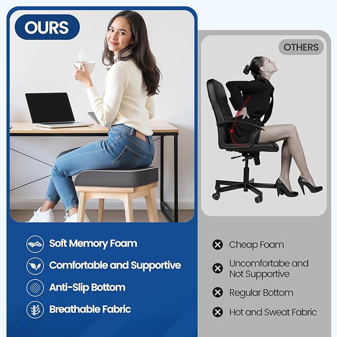 SweetSlubr Seat Cushion for Tailbone Pain Relief, Office Chair Cushion, Memory Foam Large Chair Pad with Non-Slip Cover for Soft Support at Office Chair, Car Seat, Airplane Grey/XLarge