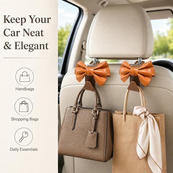 2 Pack Car Purse Holder for Handbags and Bags, Headrest Back Seat Hooks for Cars, Car Bag Hanger for Groceries, Coats, Umbrellas and Daily Essentials, Bow-Shaped Car Interior Organizer (brown)