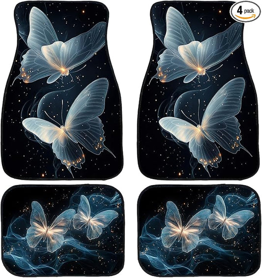 Butterfly Car Floor Mats Set of 4 White Black Glowing Line Art Automotive Car Floor Carpets Non-Slip Auto Car Accessories Universal Fit for Car SUV Truck Van