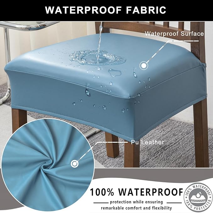 NILUOH Waterproof Seat Covers for Dining Room Chairs Set of 4, Pu Leather Chair Seat Slipcovers Dining Chair Cover Removable Washable Chair Protctor Cover, Rear Covers (PU-Light Blue)