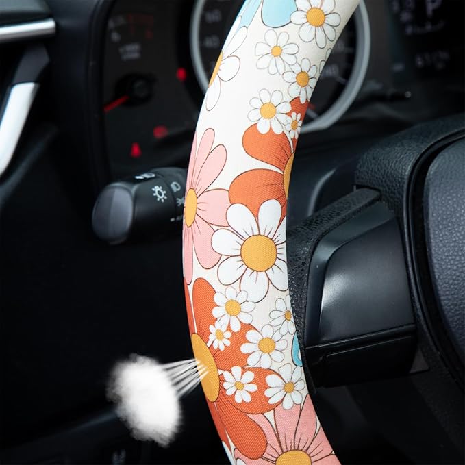 Boho 7 Color Flowers Steering Wheel Cover Auto Steering Wheel Protector, Anti-Slip, Breathable, Absorbing Sweat, Universal Car Accessories 14.5–15 inch,Fit for Most Car, Trucks, SUV