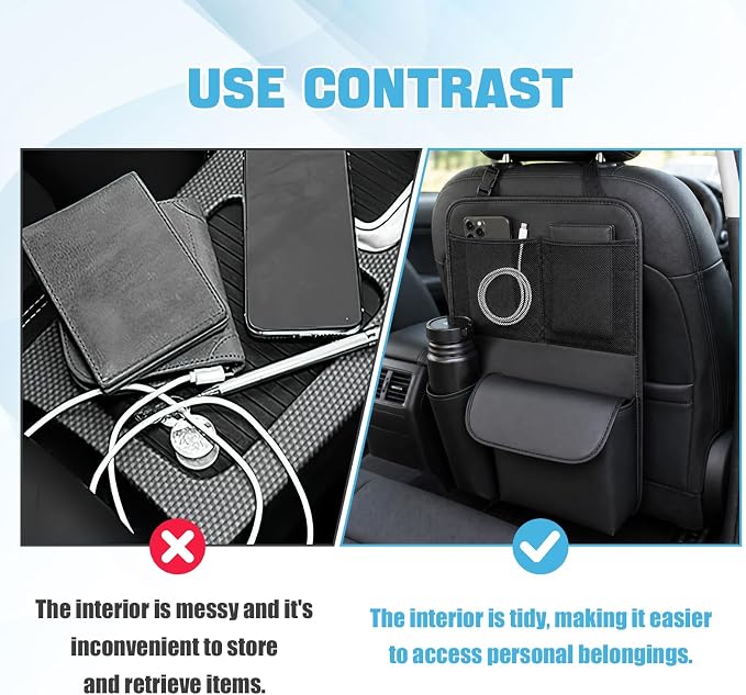 Car Backseat Organizer, Large Capacity Trunk Organizer for Cars, Detachable Automotive Back Seat Protector Kick Mat, Multi-Pocket Vehicle Seat Back Storage Bag, Car Accessories (Small)