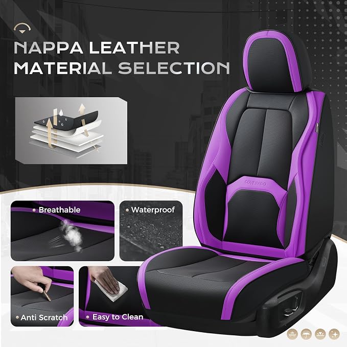 Coverado Car Seat Covers Full Set, Waterproof Nappa Leather Seat Covers for Car, Car Seat Protector with Lumbar Support, Automotive Seat Covers Universal Fit for Most Cars SUV Trucks, (Black&Purple)