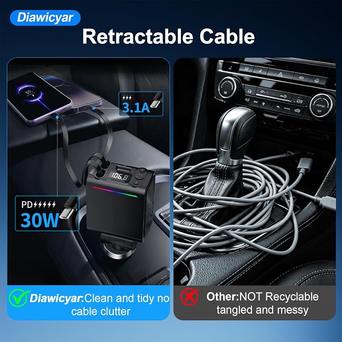 45W FM Transmitter Bluetooth Car Adapter, Wireless FM Bluetooth Transmitter | [PD 30W & QC3.0] Retractable Car Charger, Hands-Free Calling, Black