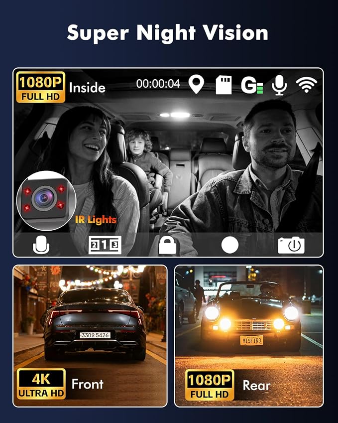 4K 3 Channel Dash Cam Front and Rear Inside, WiFi 6 GPS, 64GB Card | 4K+1080P+1080P, IR Night Vision, 24H Parking Mode, G-Sensor, Loop Recording, Dashcam for Rideshare Taxi Drivers Family