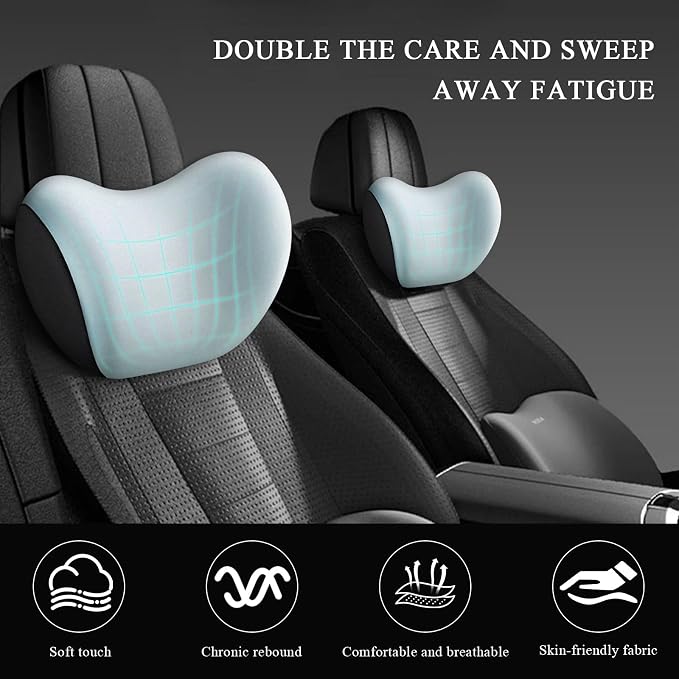 2 PCS Car Headrest Cushion, Ergonomic Memory Foam Car Neck Back Support w/Removable Cover, Universal Breathable Lumbar Cushion Headrest Pillow with Adjusatble Strap (Sky Blue)