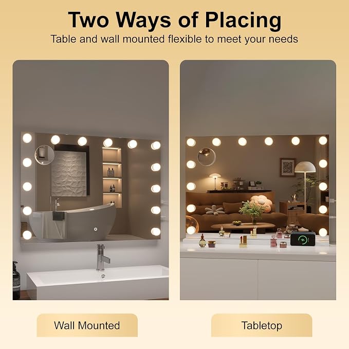 Hasipu Hollywood Vanity Mirror with Lights, 41" x 30" Makeup Mirror with 21 Dimmable LED Bulbs 3 Color Modes & Detachable, 5X Magnifying Glass, Touch Control, USB and Type-C, Tempered Glass