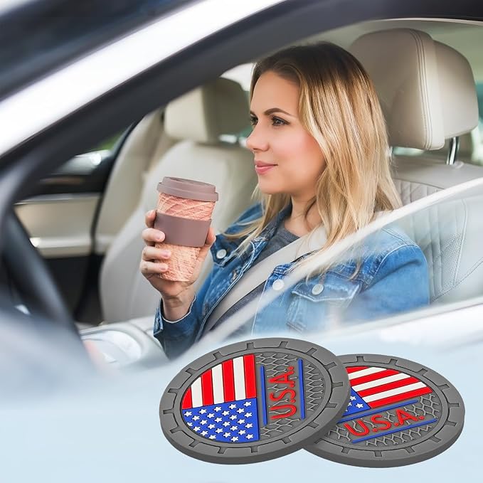 AUCELI 2 Pack Car Cup Holder Coasters, Colored American Flag US Flag Insert Car Cup Coaster, 2.75 Inch Anti Slip Shockproof Embedded Drink Mat, Vehicle Interior Decor Accessories