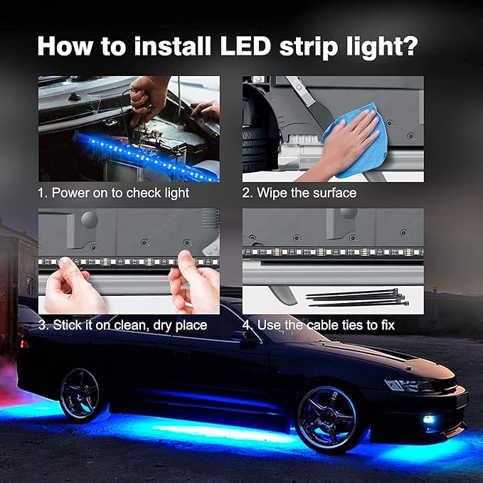 Yielinth Car Underglow Lights, Exterior LED Strip Lights with App and RF Remote Control, 16 Million Colors Underglow Kit for Car, 4 Pieces